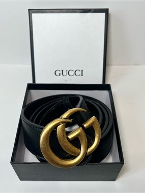 Black Leather Belt with Antiqued Gold Double G Logo